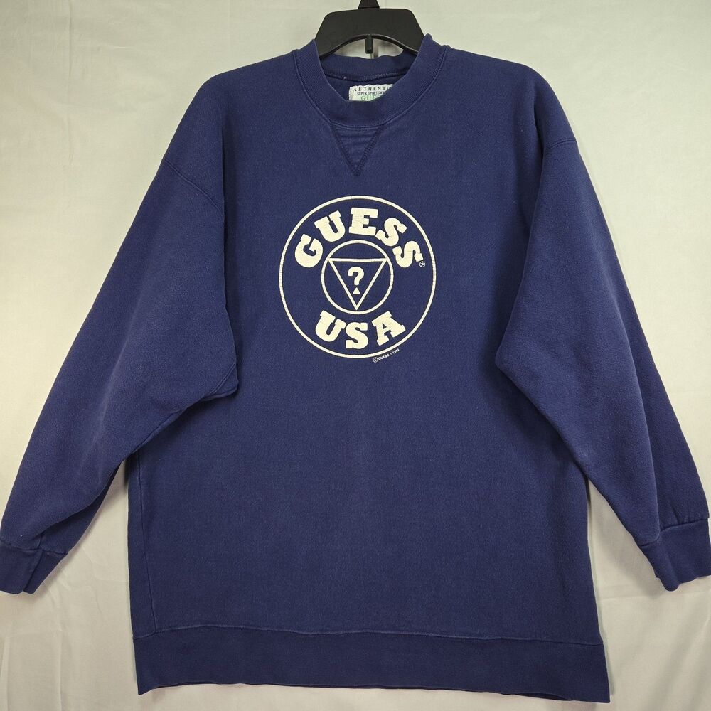 Vintage 1993 GUESS USA Georges Marciano Spellout Blue Sweatshirt Unisex Adult XL
